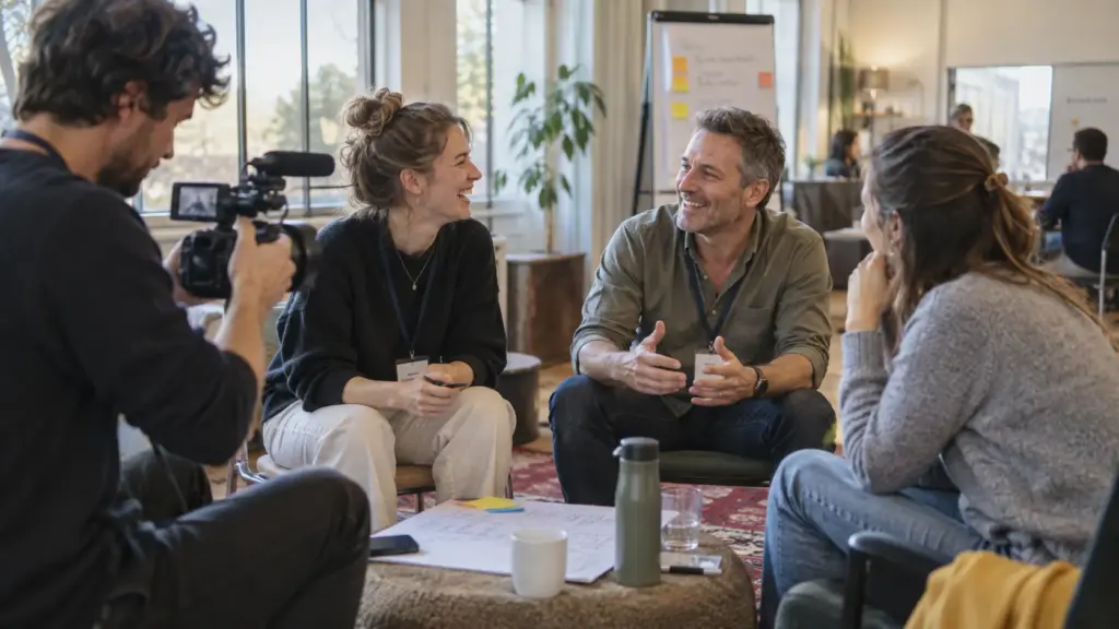 Illustration IA : Vidéaste filmant les échanges d’un atelier lors d’un séminaire d’entreprise.