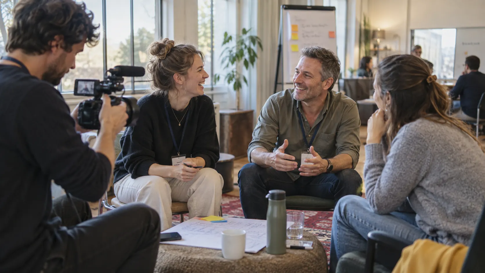 Illustration IA : Vidéaste filmant les échanges d’un atelier lors d’un séminaire d’entreprise.