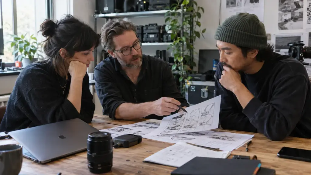 Illustration IA : Échange entre une équipe de production vidéo et un client autour du projet et du storyboard.