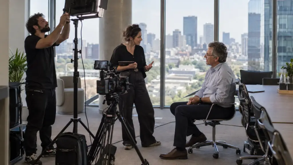 Illustration IA : Équipe préparant un tournage de film institutionnel dans des bureaux.