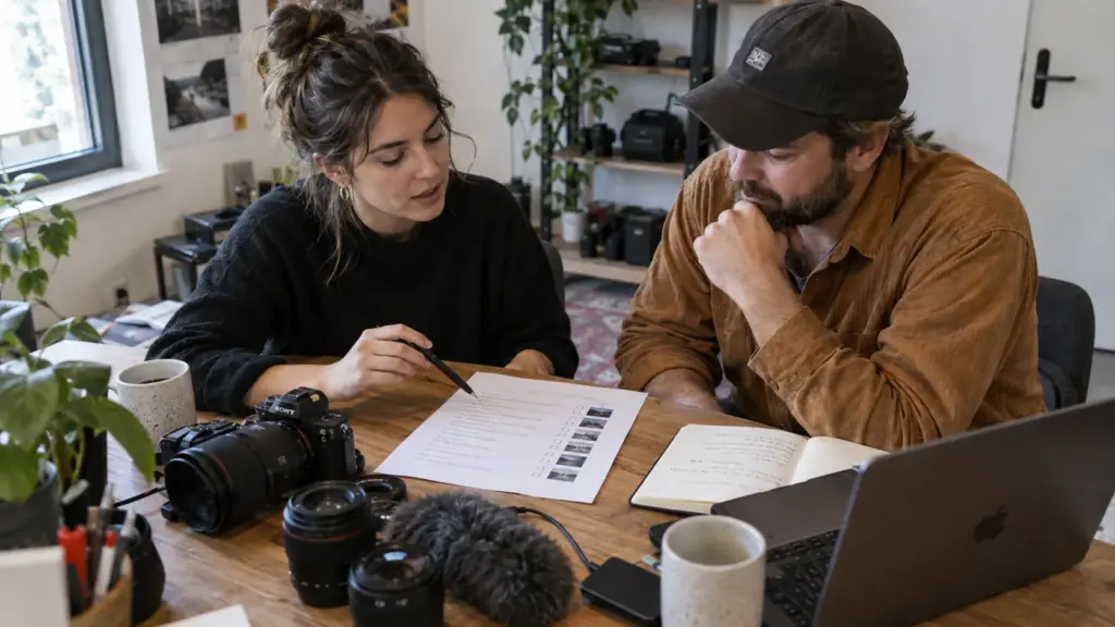 Illustration IA : Producteur et client discutant des moyens nécessaires pour une vidéo d’entreprise.