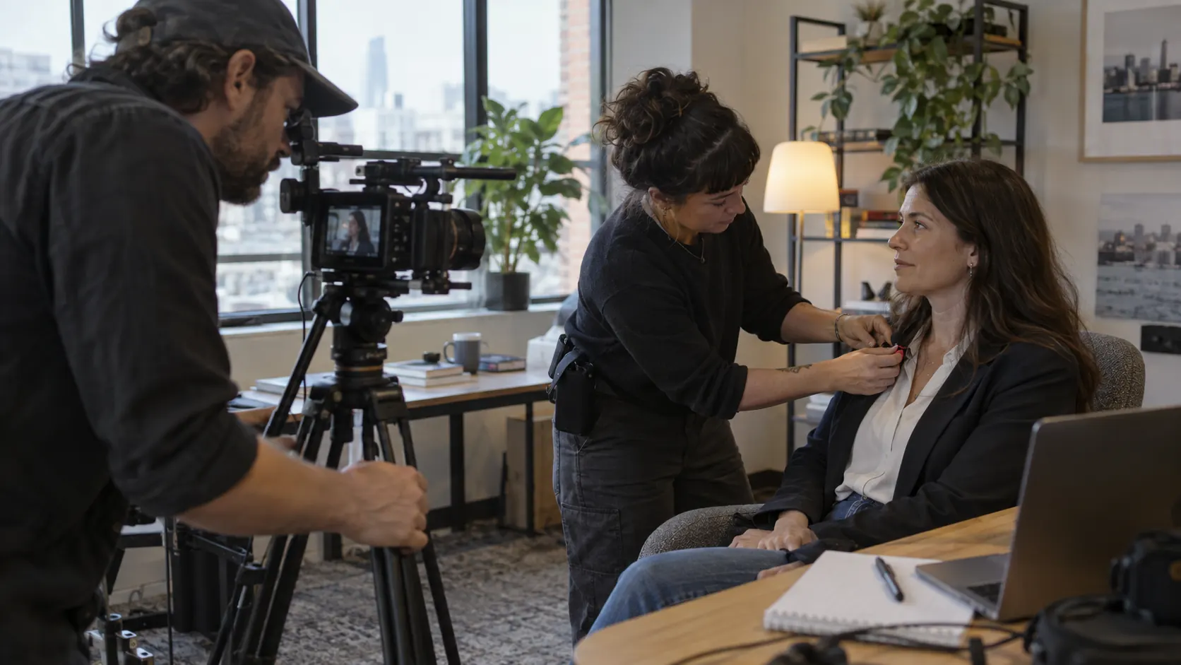 Illustration IA : Équipe préparant la caméra, la lumière et le son pour une interview d’entreprise.
