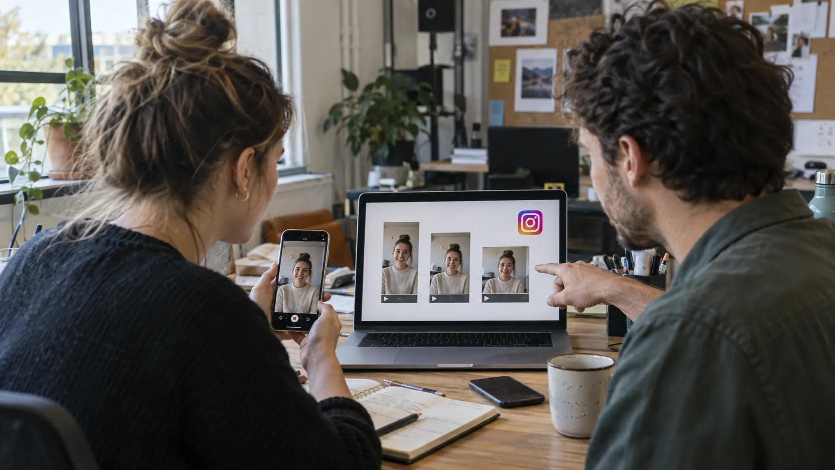 Illustration IA : Deux collègues comparent plusieurs formats vidéo Instagram sur un ordinateur et un téléphone.