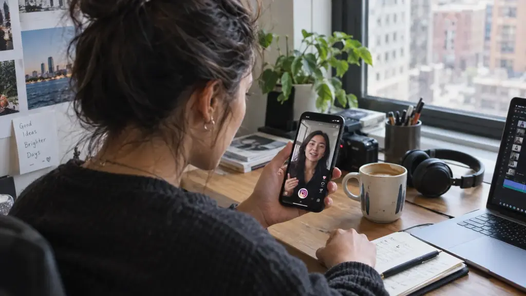 Illustration IA : Créatrice de contenu consultant une vidéo verticale sur Instagram depuis son téléphone.