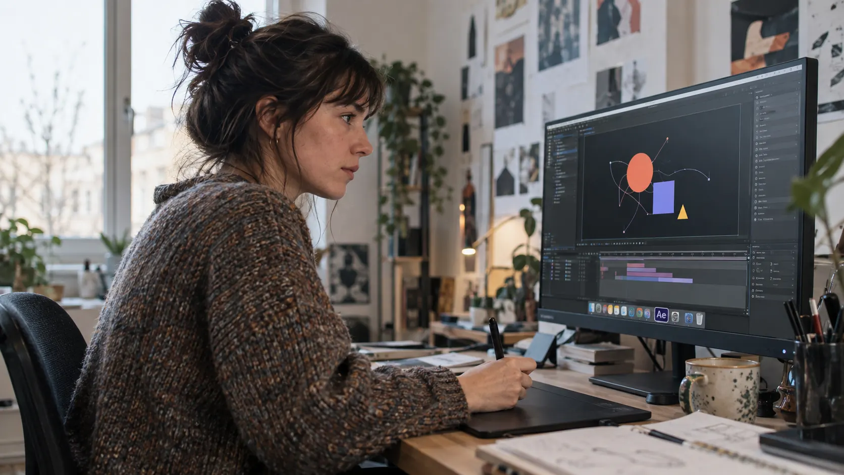 Illustration IA : Motion designer travaillant sur une animation dans un studio de création.