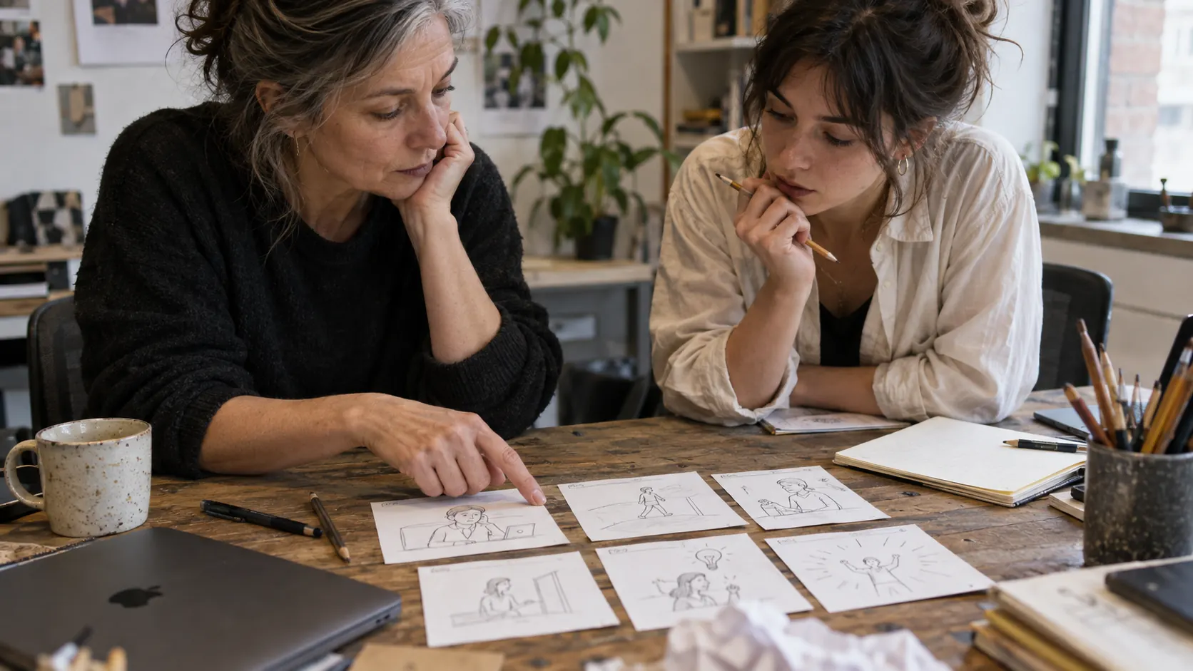 Illustration IA : Storyboard composé de cartes dessinées pour construire le récit d’une vidéo de marque.